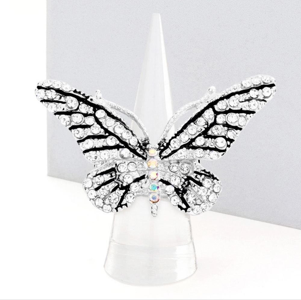Silver Black Butterfly Ring Rhinestones Crystal Cute Finger Statement Accessory